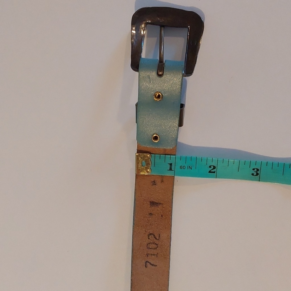 Vintage Ice Blue Leather Beaded aztec Design Belt Brass TONE Buckle Sz.M - Picture 7 of 7